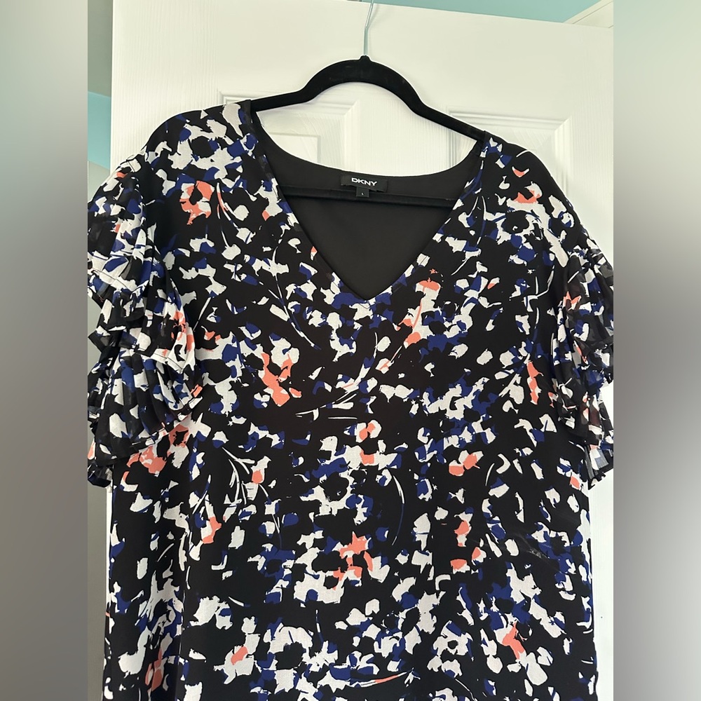 DKNY Ruffled Short Sleeve Blouse in White and Blue